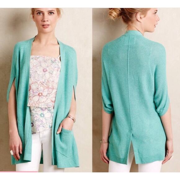 Angel of the North Anthro Teal Open Knit Sweater Preppy Cardigan Pockets Medium - Picture 1 of 5